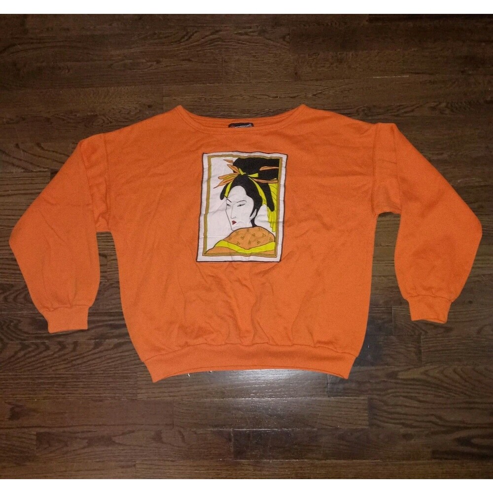Vintage Geisha Sweatshirt Womens Large Japanese Woman Orange Cotton Blend